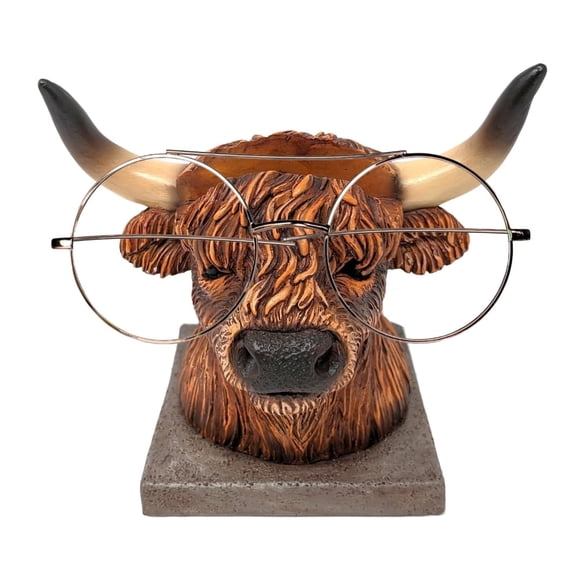 Highland Cow Eyeglasses Holder – Whimsical Resin Glasses Holder Stand for Desk, Nightstand, or Office – Decorative Highland Cow Figurine for Home Decor, Functional Gift Idea