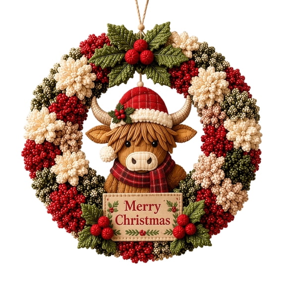 Highland Cow Fabric Poke Wreath DIY Kit Christmas Wreath DIY Kits for Adults Beginner Friendly Holiday Wreath Making Kit & Door Decor Christmas Decorations