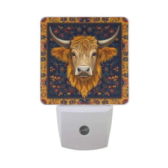 Highland Cow Face on Gorgeous Blanket LED Night Light with Smart Sensor Plug Into Wall Dusk to Dawn 2 packs