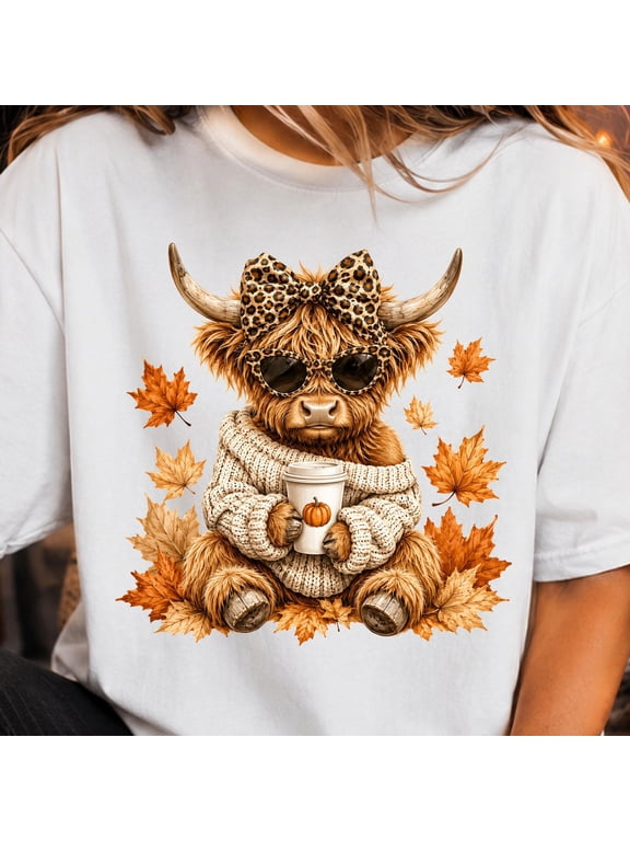 Highland Cow Fall Shirt Highland Cow Graphic Tee Autumn Leaves Shirt Black Fall Season Apparel Cute Animal Tee