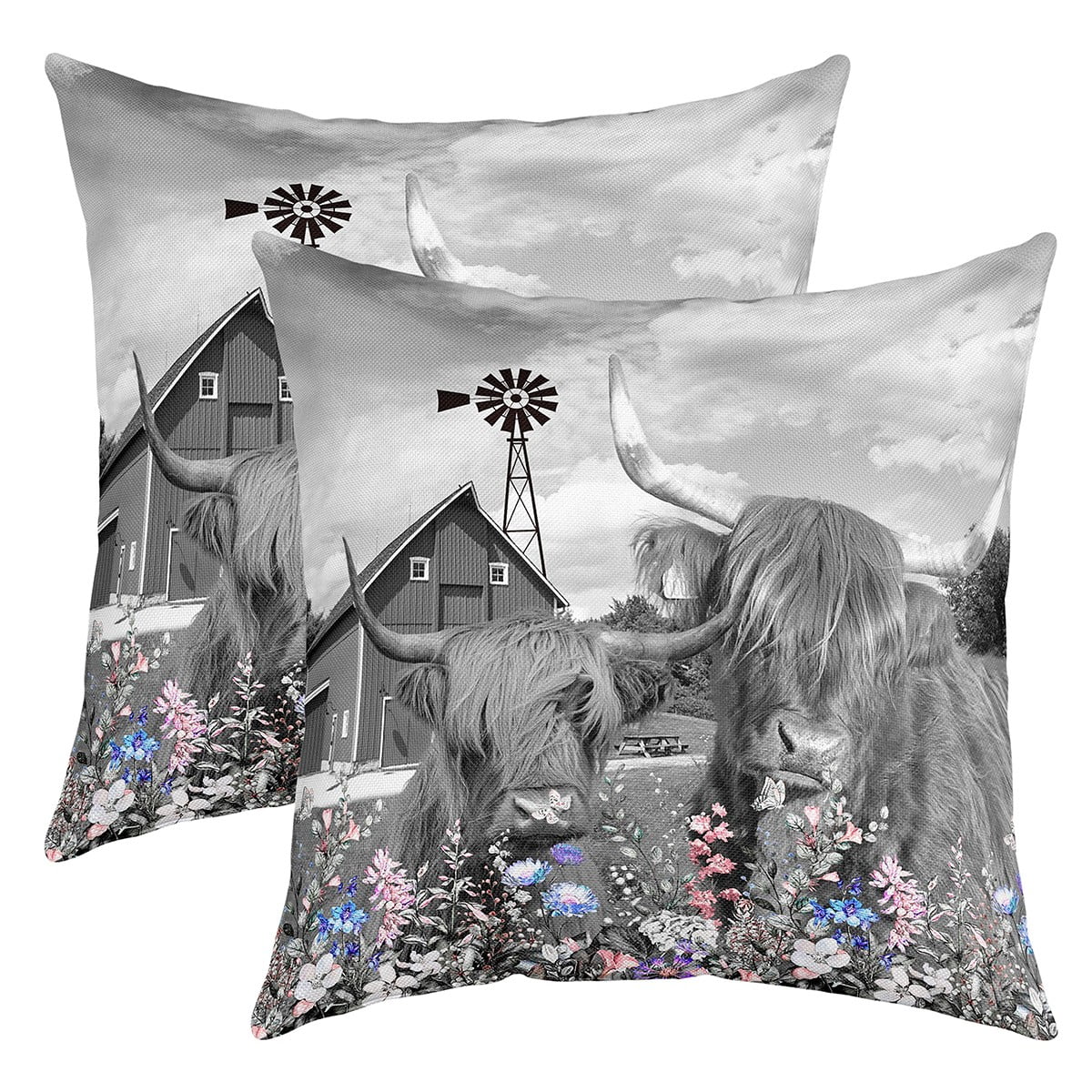 Highland Cow Farm Animals Pillow Covers 16x16 inch set of 2,Garden