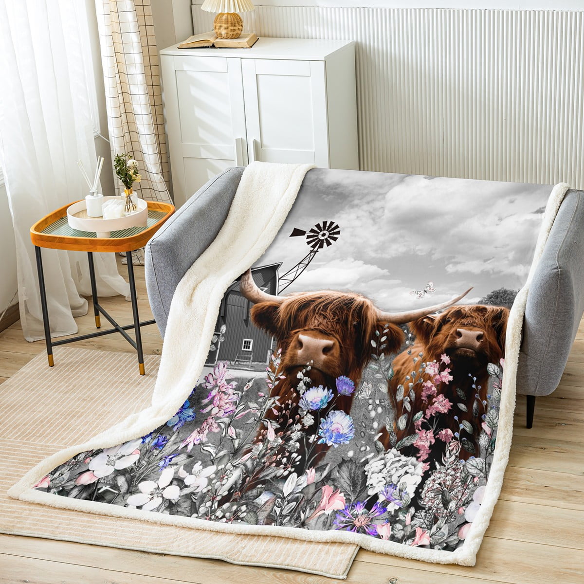 Highland Cow Farm Animals Throw Blanket 60"x80",Garden Windmill Decor