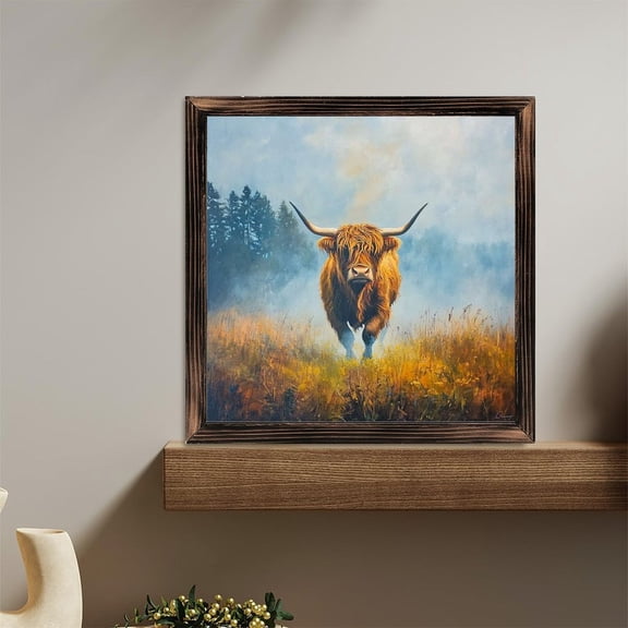 Highland Cow in Field Trees Foggy Wooden Sign Wall Plaque - Vintage Art Decoration, Wall Decoration - Ideal Gift For Home Decoration, Living Room, Bathroom, Bedroom, Garden, Dining, Bar, Cafe, Fest