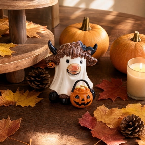 Highland Cow Figurine 4 Inch Spooky Halloween Decor, Halloween Table Decor for Layered Tray Shelf Mantel, 1 Piece