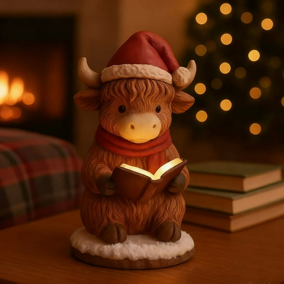 Highland Cow Figurine - Christmas Night Light Decor, 5.9 Inch Cute Highland Cow Led Christmas Desktop Decor for Holiday Ambiance, Decorative Accent Living Room, Bedroom, Bedside Table (1PC, A)