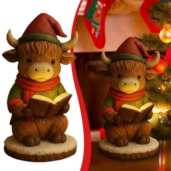 Highland Cow Figurine - Christmas Night Light Decor, 5.91Inch Cute Highland Cow Led Christmas Desktop Decor for Holiday Ambiance, Decorative Accent Living Room, Bedroom, Bedside Table