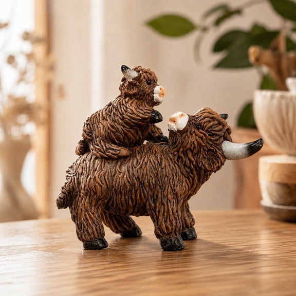 Highland Cow Figurine Resin Cow Statue Farmhouse Tabletop Decor Rustic Home Accent Ornament for Shelf Desktop Cabinet Windowsill Display