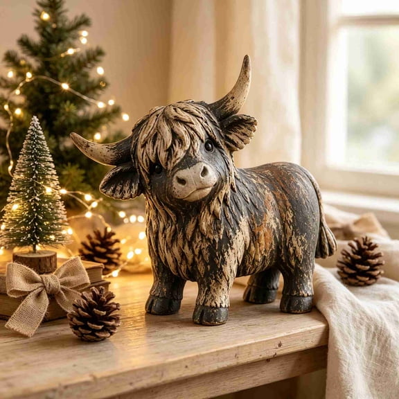 Highland Cow Figurine, Rustic Resin Farmhouse Cow Statue with Shaggy Hair and Curved Horns for Tabletop, Shelf, Mantel, Desk, Kitchen and Country Home Decor, 6.3 Inch