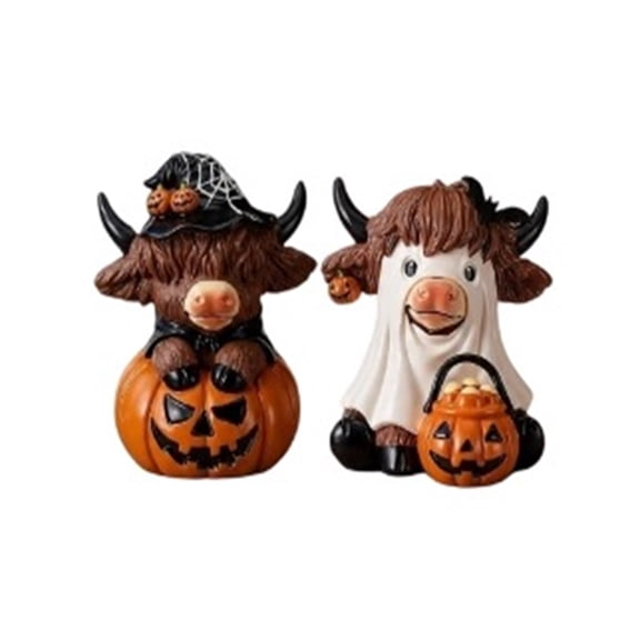 Highland Cow Figurine Set Spooky Halloween Themed Polyresin Table and Shelf Decor for Tiered Tray Home and Party Display