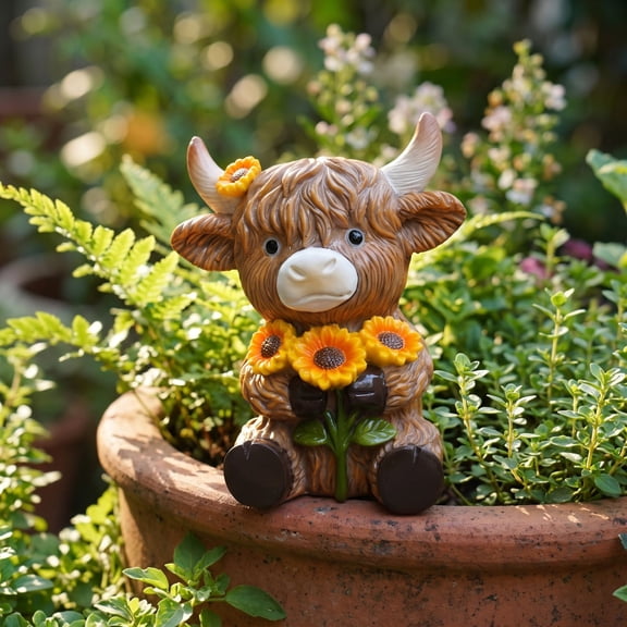 Highland Cow Figurine with Sunflowers, Rustic Garden Decor Statue for Outdoor Indoor Use, Whimsical Farmhouse Animal Sculpture for Shelves Patio Balcony