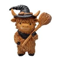 Highland Cow Figurines Decor, Halloween Highland Cow Statues with Broom Gnomes Gifts, Standing Poses Resin Figurine for Shelf Garden Table Home Decor Calf for Highland Cow Lovers