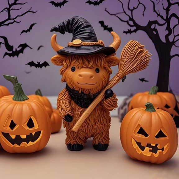 Highland Cow Figurines Pumpkin Christmas Tree Highland Cow Gnomes Scottish Resin Statue Calf Lovers Gifts for Halloween Christmas Home Garden Kitchen Office Tiered Tray Table Decor