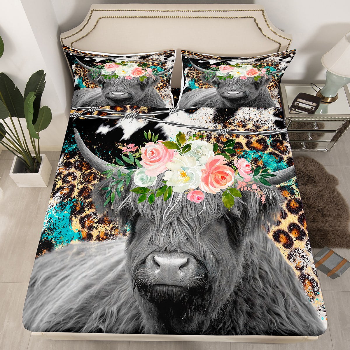 Highland Cow Fitted Sheet Cowhide Cheetah Print Bed Sheets Queen