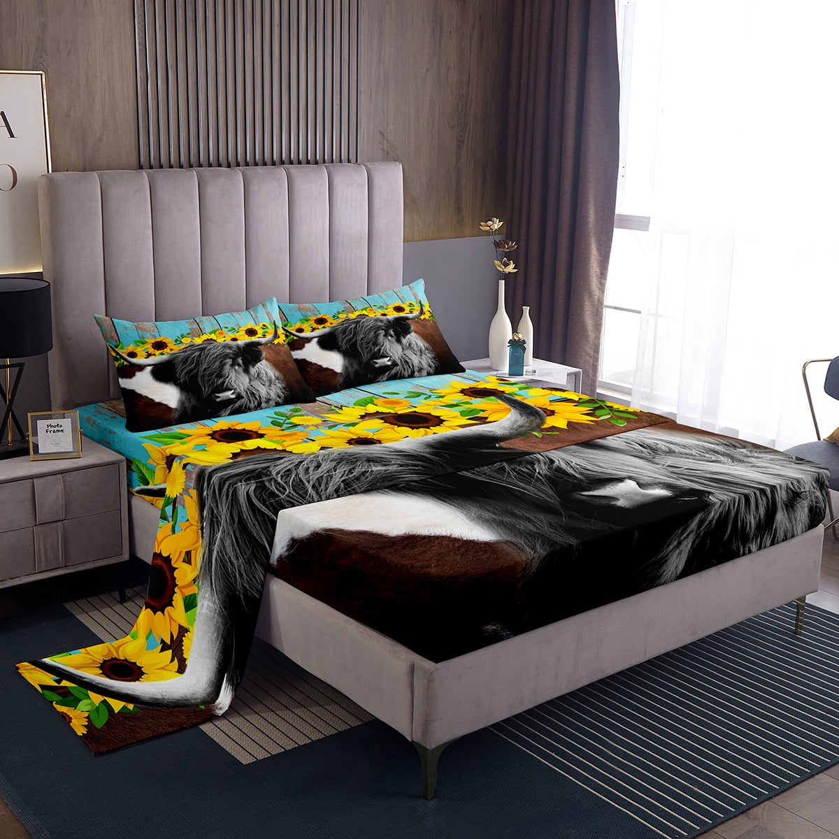 Highland Cow Fitted Sheet King,Longhorn Bull Cattle Sheets,Wildlife