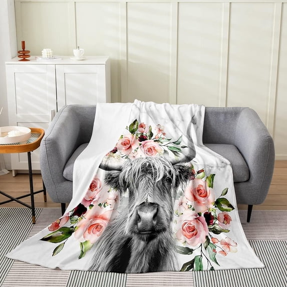 Highland Cow Fleece Blanket All Season Cozy Girls Watercolor Rose Plush Blanket Throw,Adult Grey Marble Texture Flannel Blanket for Sofa Bed Living Room Decor Bull Cattle Farmhouse Fuzzy Blanket
