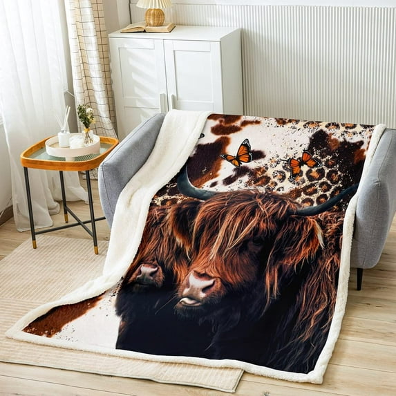 Highland Cow Fleece Blanket - Plush Cattle Fur for Bed, Sofa, Couch - Farmhouse Leopard Sherpa With Wildlife Butterfly - Warm Fuzzy Room Decor for Baby - 30"x40"