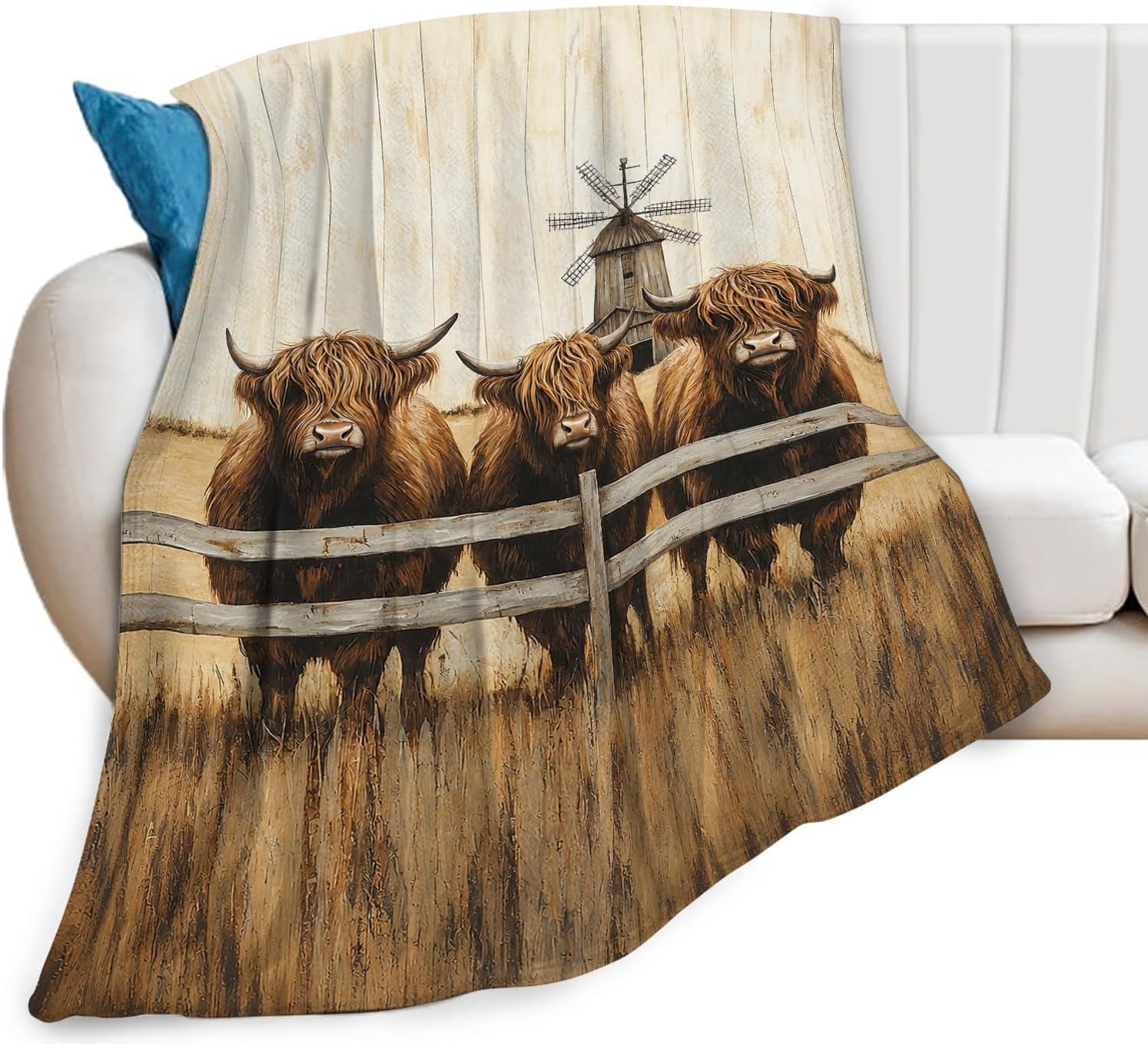 Highland Cow Fleece Throw Blanket Rustic Farmhouse Windmill Soft Fluffy ...