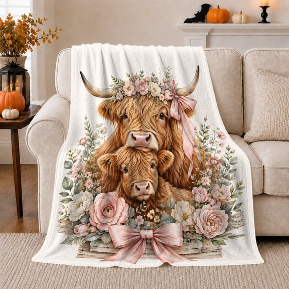 Highland Cow Floral Bouquet Pattern Rustic Art, Cozy Botanical Garden Scene, Warm Flannel Blanket for Ranch House and Living Room, Animal Lovers Appreciation Gift, Artistic Home Decor