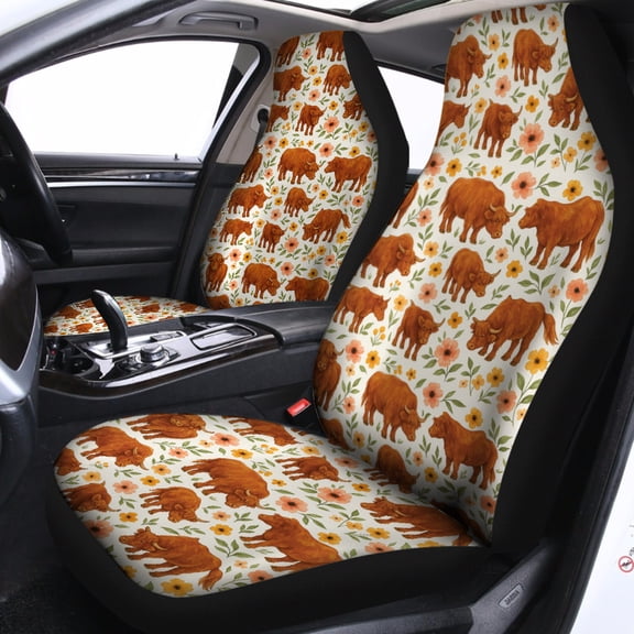 Highland Cow Floral Car Seat Covers, Rustic Farmhouse Western Front Bucket Seat Covers, Cute Cow Flower Pattern Auto Interior Decor