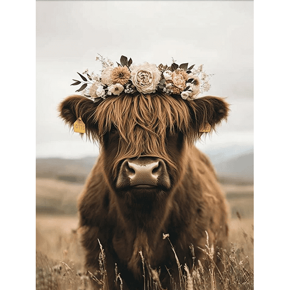 Highland Cow Floral Crown Canvas Wall Art Perfect for Living Room Bedroom Farm House Decor Kitchen Decor and Office Decor.