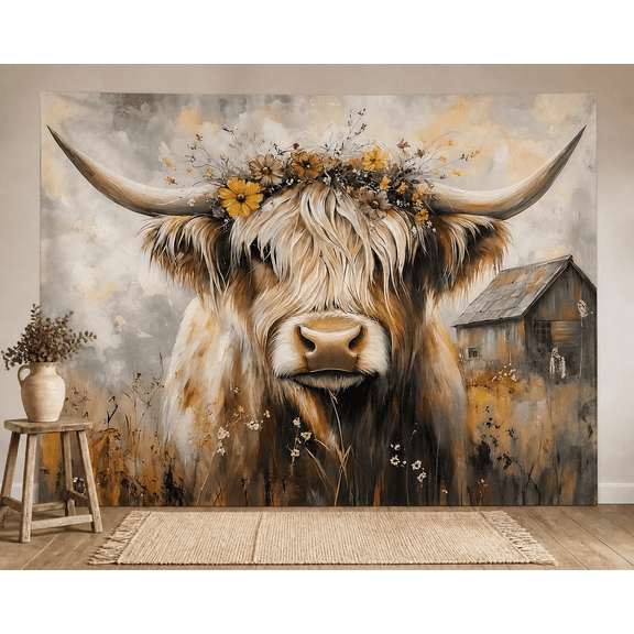 Highland Cow Floral Farmhouse Watercolor Backdrop