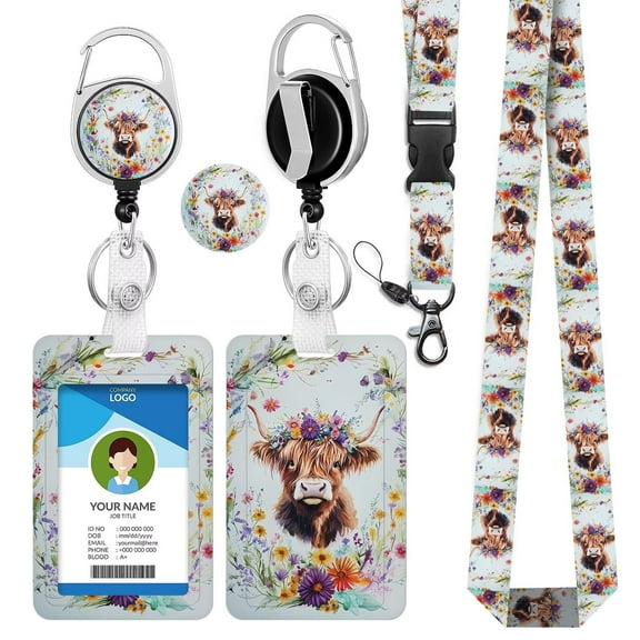 Highland Cow Floral Id Badge Holder with Lanyard, Cute Lanyards for ID Badges Keys Daisy Breakaway Lanyards Retractable Reel for ID Badges Keychain, Teacher Nurse Doctor Women Office