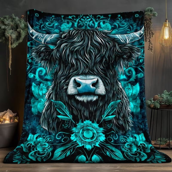 Highland Cow Floral Pattern Print Flannel Throw Blanket