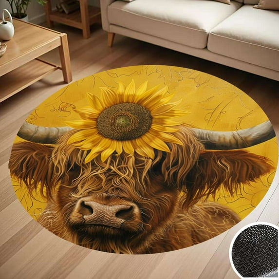 Highland Cow Floral Sunflower Round Carpet Living Room Bedroom Home Decoration Coffee Table Mat Lounge Rug Chair Mats