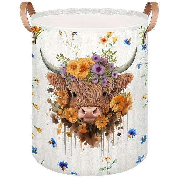Highland Cow Floral - Themed Collapsible Laundry Baske