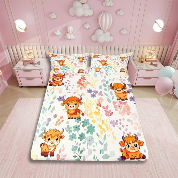 Highland Cow Floral Twin Bed Sheets Set,Western Farmhouse Bull Cattle Bedding Set for Kids Girls Boys,Farm Animal Flower Sheets Colorful Flowers Fitted Sheet Set 3Pcs