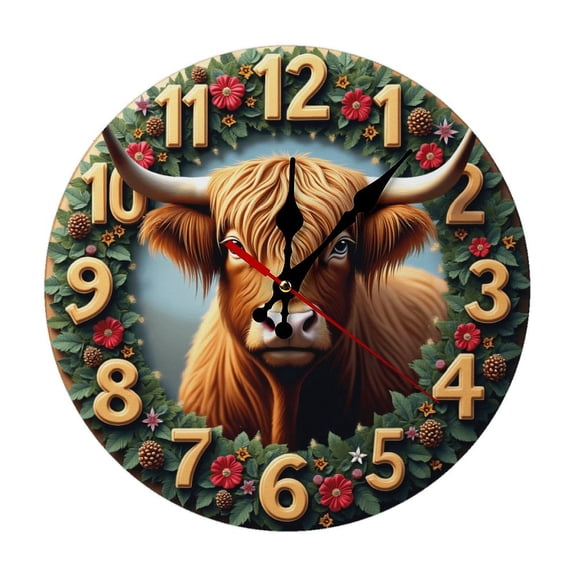 Highland Cow Floral Wall Clock 10 Inch Silent Non Ticking Round Clock Decoration for Living Room Kitchen Bedroom Bathroom Office Classroom