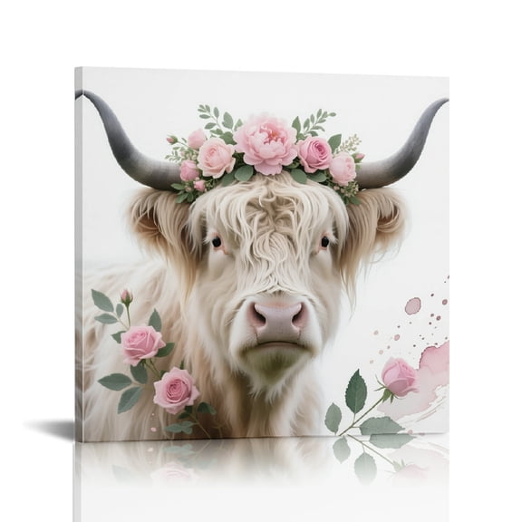 Highland Cow Flower Canvas Prints Wall Art, Canvas Wall Art, Wall Decor For Bedroom Fashion Kitchen Wall Pictures  Ready To Hang Room Home Art Decor