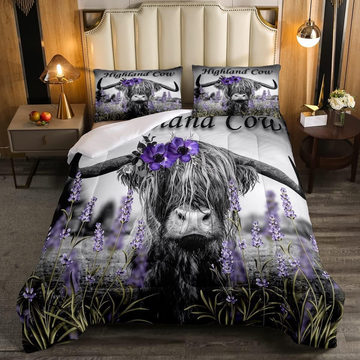 Highland Cow Flower Comforter Set Full,Bull Cattle Bedding Set Western