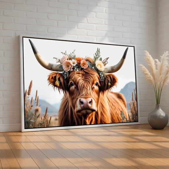 Highland Cow With Flower Crown | Boho Farmhouse Wall Art Print | Rustic Animal Decor For Country Home, Nursery Or Barn Kitchen Ready To Hang, Stretched Canvas Size 8x12
