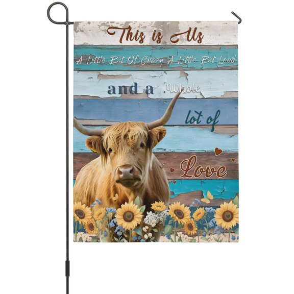 Highland Cow Flower Garden Flag 12x18 Inch Country Farmhouse Cow Animal Blue Brown Wooden Grain Double Sided Outdoor Garden Flags Welcome House Flag Decorative Yard Flags for Outside Holiday Decor