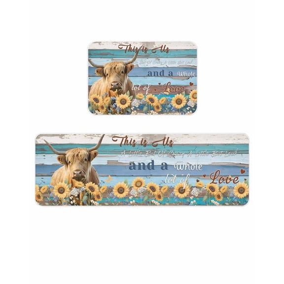 Highland Cow Flower Kitchen Mats for Floor 2 Piece, Country Farmhouse Cow Animal Blue Brown Wooden Grain Absorbent Non-Slip Kitchen Rugs Comfort Standing Mat for Laundry 23.6"x35.4"+23.6"x70.9"