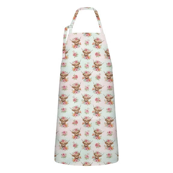 Highland Cow Flower Pattern Apron-Garden Aprons for Women with Pockets-Cotton Linen Waterproof Kitchen Cooking Gardening Aprons Adjustable for Kitchen,Cooking,BBQ and Salon 33x27 Inch