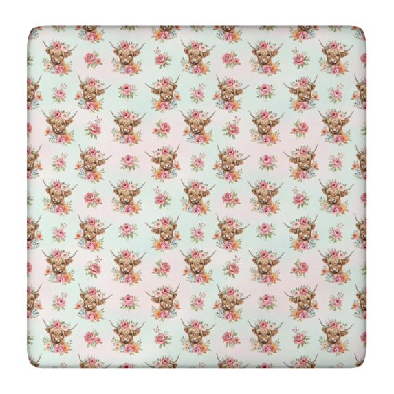 Highland Cow Flower Pattern Square Fitted Tablecloth with Elastic Edge,Square Table Cover,Washable Elastic Table Cover for Home Kitchen Party Decor 36"x36"