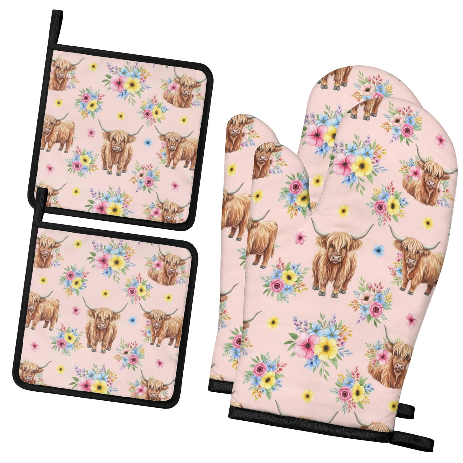 Bbq Banner Examples Highland Cow and Flower Print 2 Pack Oven Mitts Pot Holders Set, BBQ ...