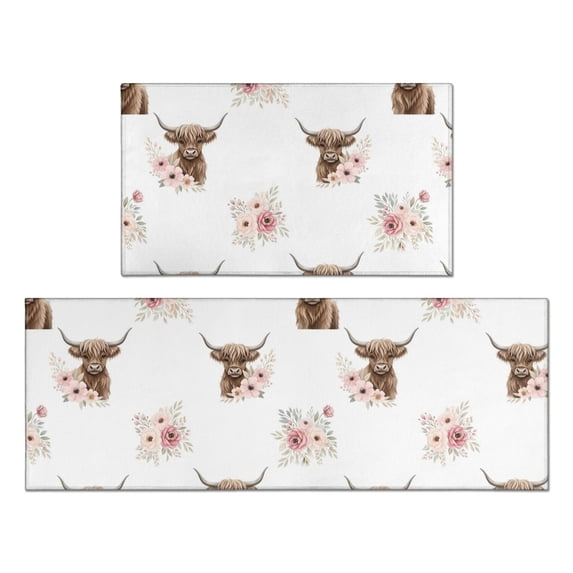 Highland Cow and Flower Print Anti Fatigue Kitchen Rugs Set Of 2, Non Slip Washable Decorative Floor Mats for Kitchen Sink Laundry, 17"x30" and 17"x47"
