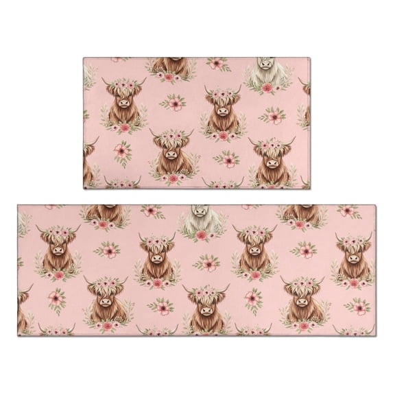 Highland Cow and Flower Print Anti Fatigue Kitchen Rugs Set Of 2, Non Slip Washable Decorative Floor Mats for Kitchen Sink Laundry, 17"x30" and 17"x47"
