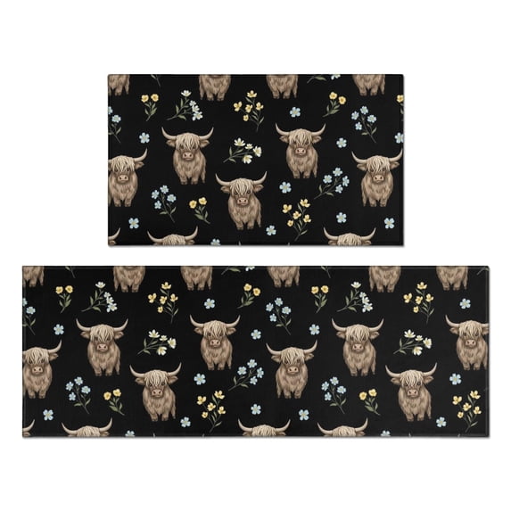 Highland Cow and Flower Print Anti Fatigue Kitchen Rugs Set Of 2, Non Slip Washable Decorative Floor Mats for Kitchen Sink Laundry, 17"x30" and 17"x47"