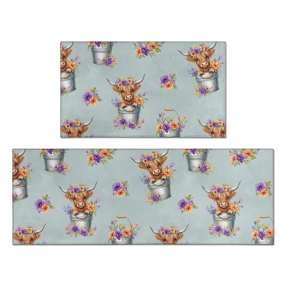 Highland Cow and Flower Print Anti Fatigue Kitchen Rugs Set Of 2, Non Slip Washable Decorative Floor Mats for Kitchen Sink Laundry, 17"x30" and 17"x47"
