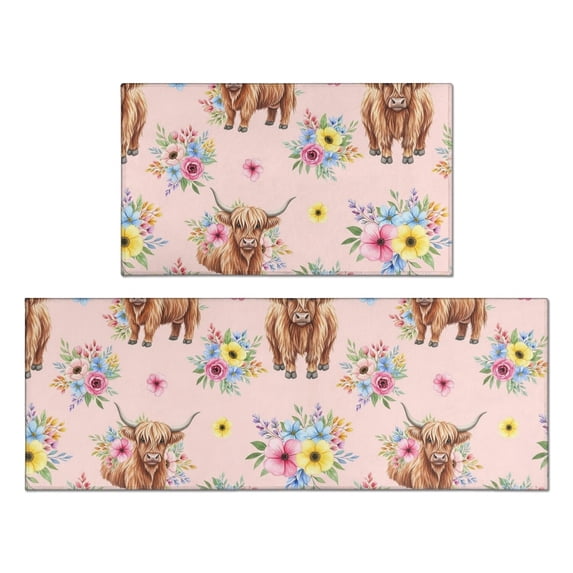 Highland Cow and Flower Print Anti Fatigue Kitchen Rugs Set Of 2, Non Slip Washable Decorative Floor Mats for Kitchen Sink Laundry, 17"x30" and 17"x47"