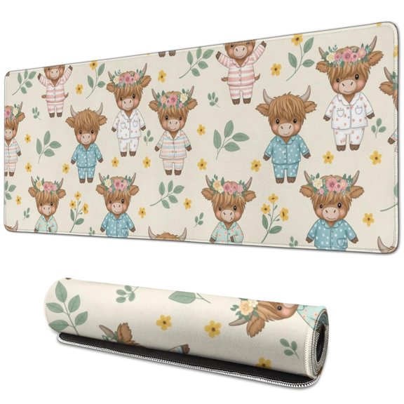 Highland Cow and Flower Print Extended Large Mouse Pad, Desk Protector Mat with Non Slip Base & Stitched Edges, Eco-Friendly Gifts for Birthday Christmas Thanksgiving,31.5"x11.8"