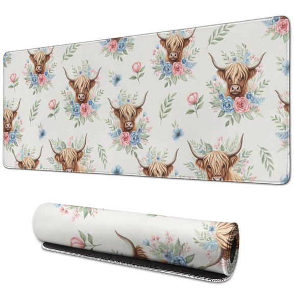 Highland Cow and Flower Print Extended Large Mouse Pad, Desk Protector Mat with Non Slip Base & Stitched Edges, Smooth Polyester Gifts for Office Work Gaming,31.5"x11.8"