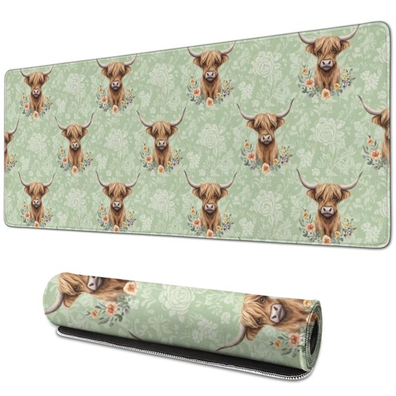 Highland Cow and Flower Print Extended Large Mouse Pad, Large Mouse Mat with Non Slip Base & Stitched Edges, Smooth Polyester Gifts for Coworkers Family Friends,31.5"x11.8"