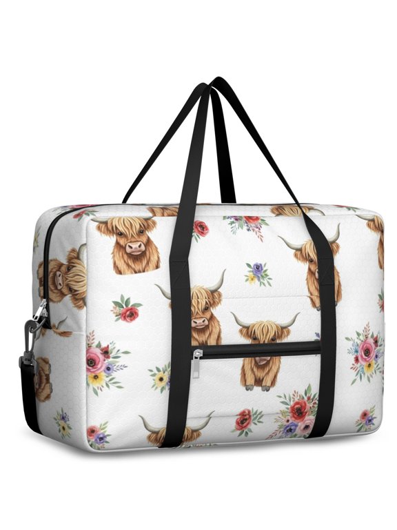 Highland Cow and Flower Print Foldable Travel Duffel Bag, Under Seat Travel Tote with Front Pocket & Trolley Strap, Water Resistant Oxford Gifts for Women Men