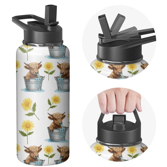 Highland Cow and Flower Print Insulated Water Bottle with Straw, Vacuum ...