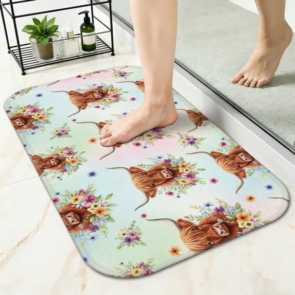 Watering Mat Highland Cow and Flower Print Non-Slip Bath Mat, Bedroom Area Mat with ...